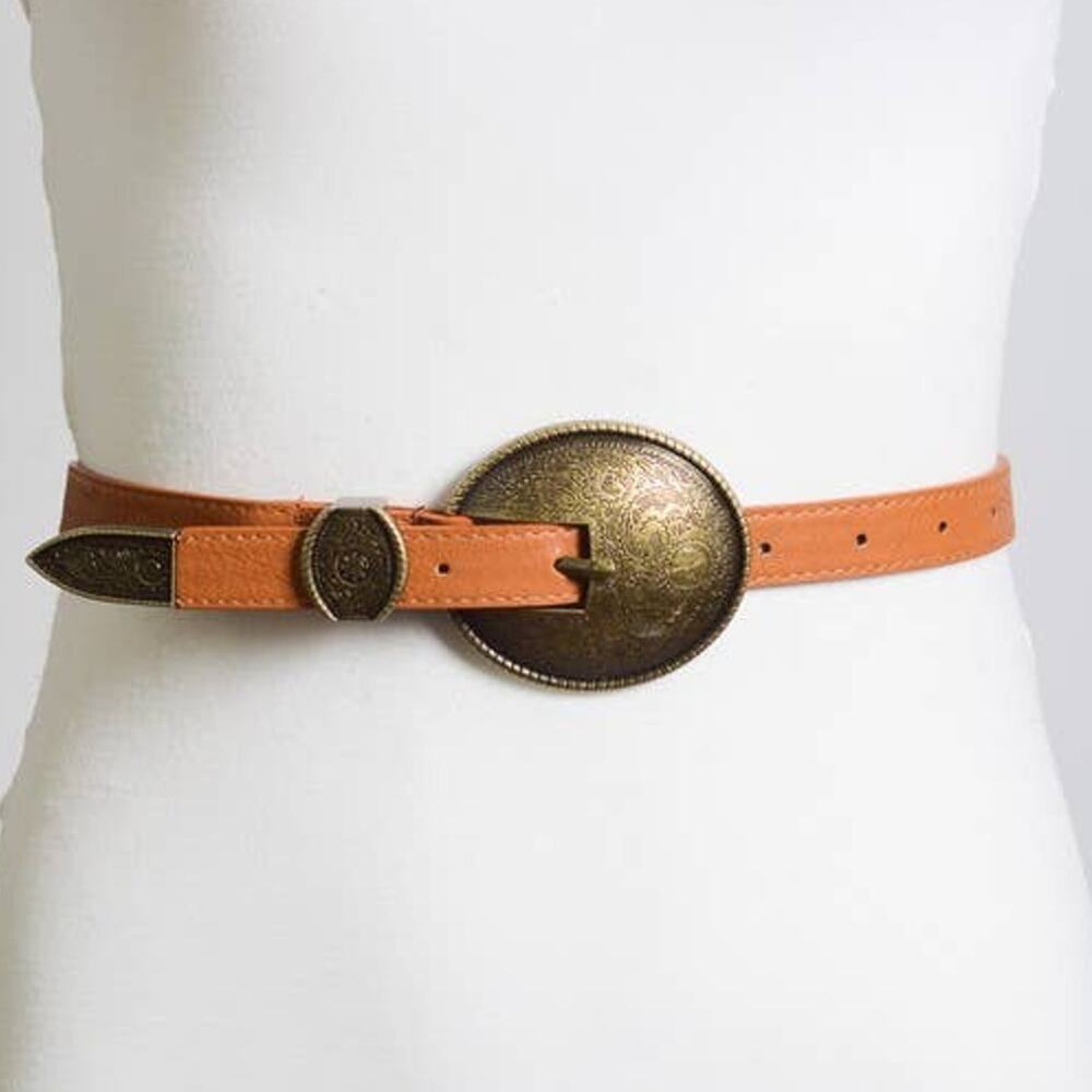 Oval Embossed Vintage Look Buckle Western Belt Camel Brown